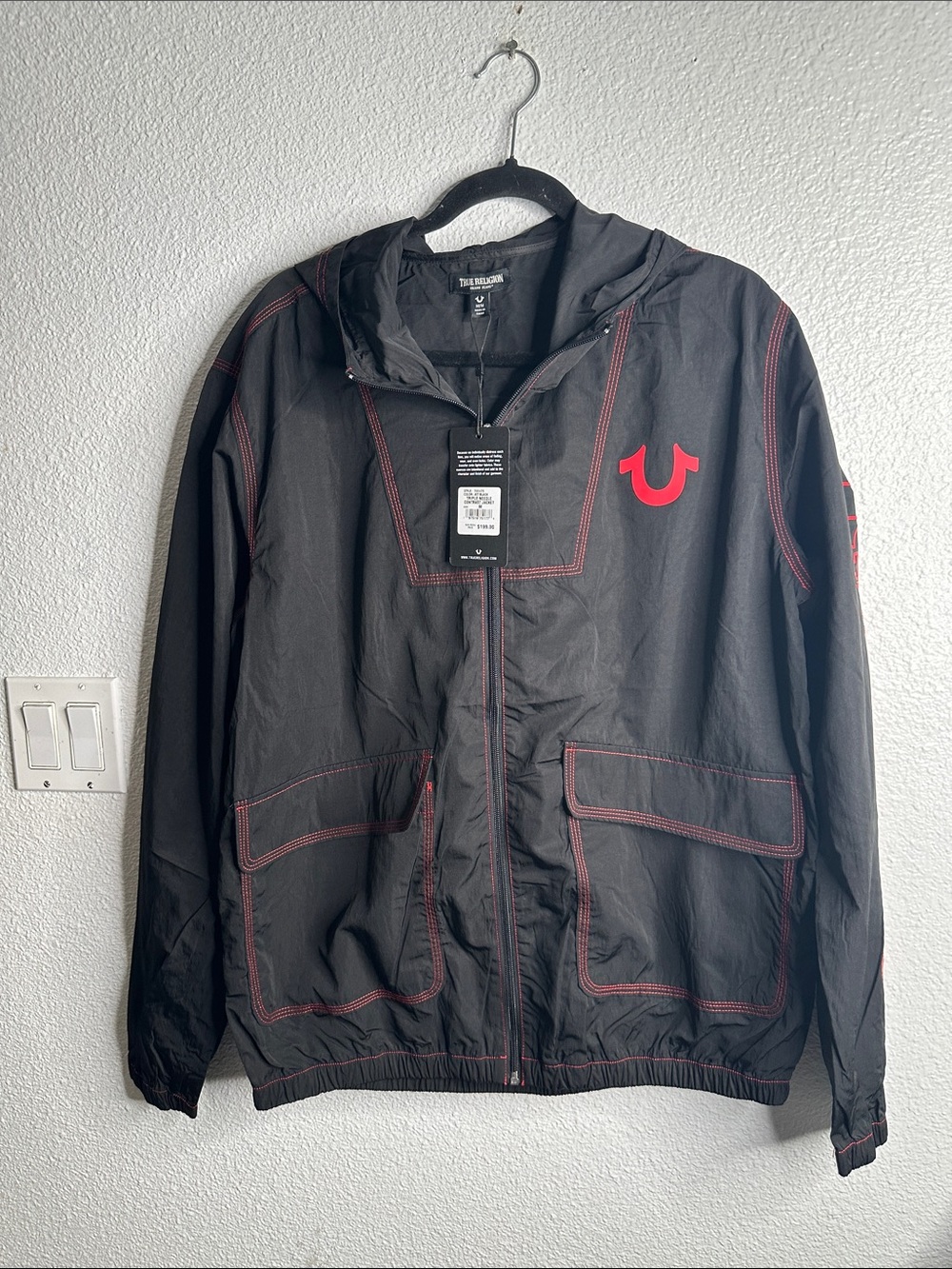 True Religion Black Hooded Windbreaker with Red Accents size M new